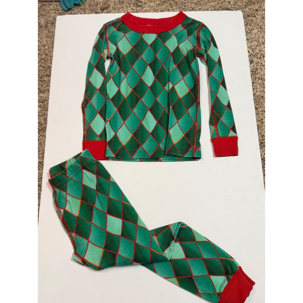 Hanna Andersson Kids Pajama Set Size 4 100cm Green Red Harlequin Organic Cotton